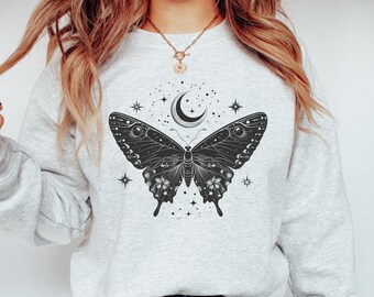 Celestial Moth and Moon Graphic Sweatshirt: Vintage Astronomy Shirt