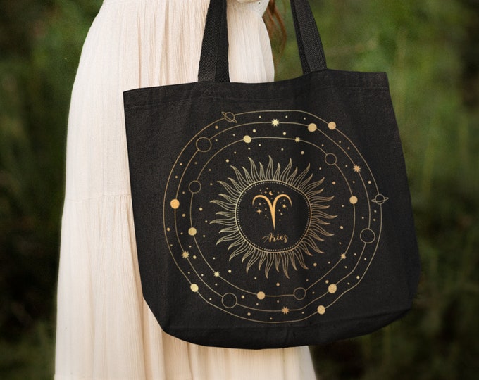 Aries Zodiac Tote Bag: Sun & Planet Astrology Design