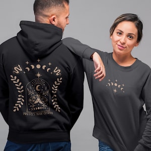 Moth And Moon Phase Printed Back Hoodie Or Sweatshirt For Celestial Style, Protect Your Energy Design, Moth Hoodie, Moon Phase Sweatshirt