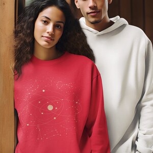 Puede incluir: Una sudadera roja con un gr&aacute;fico blanco de un &aacute;tomo estilizado con planetas en &oacute;rbita. La sudadera la lleva puesta una persona que est&aacute; de pie junto a otra persona que lleva una sudadera con capucha blanca.