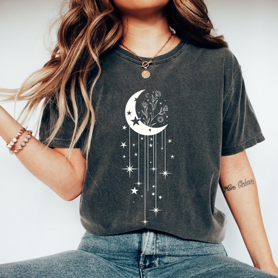 Comfort Colors Crescent Moon & Crystals Shirt, Vintage Celestial Tee