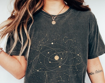 Celestial Shirt Outer Space T Shirts Astrology Graphic T Shirt Astronomy Vintage Comfort Colors Shirt, Garment Dyed Oversized Boho Space Tee