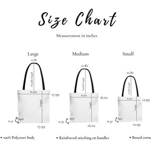 May include: Size chart for tote bags in three sizes: large, medium, and small. Measurements are in inches. The chart shows the handle length, width, length, and depth of each bag.