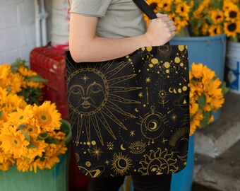 Celestial Tote Bag, Witchy Tote Bag, Moon Tote Bag, Goth Tote Bag, Tarot Card Tote Bag, Tarot Reader Gift, Everyday Bag Celestial Gift Ideas