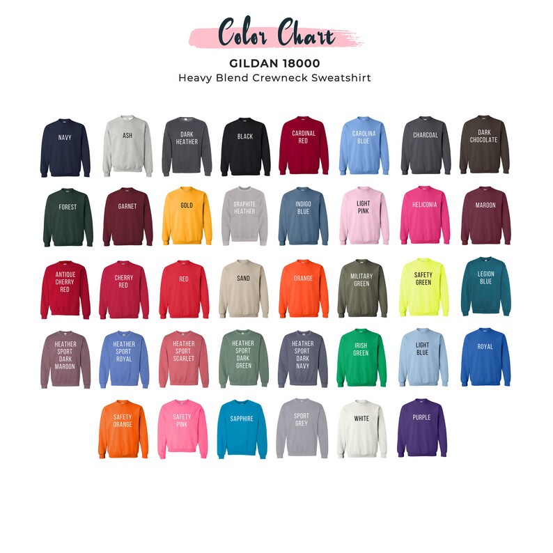 Puede incluir: Carta de colores para sudaderas con cuello redondo Gildan 18000 Heavy Blend. La carta muestra 48 opciones de colores diferentes para las sudaderas, incluyendo azul marino, ceniza, gris oscuro, negro, rojo cardenal, azul carolina, carb&oacute;n, chocolate oscuro, bosque, granate, dorado, gris grafito, azul &iacute;ndigo, rosa claro, heliconia, marr&oacute;n, rojo cereza antiguo, rojo cereza, rojo, arena, naranja, verde militar, verde seguridad, azul legi&oacute;n, gris deportivo oscuro marr&oacute;n, gris deportivo real, gris deportivo escarlata, gris deportivo verde oscuro, gris deportivo azul oscuro, verde irland&eacute;s, azul claro, azul real, naranja de seguridad, rosa de seguridad, zafiro, gris deportivo, blanco y morado.
