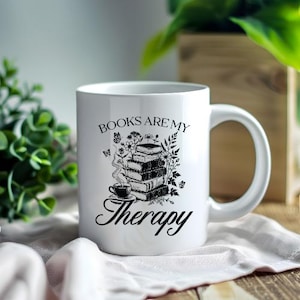 Books Are My Therapy Mug – Cozy Book Lover Coffee Cup with Books and Coffee Design,, Selfcare Mug, Bookworm, Bookish Gift