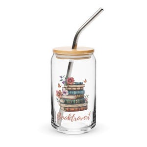 Booktrovert Libbey Glasdosenbecher mit Strohhalm | 16 Unzen Aquarell Bücher Stapel Iced Coffee Cup | Buchliebhaber Geschenk | Bücherwurm Ästhetischer Glas Becher