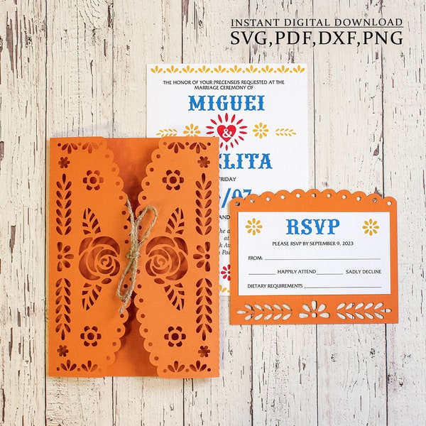 Mexican invitation template svg, picado wedding gatefold invite card for Cricut, Laser Cut, Cameo svg dxf ai cdr