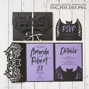 Invitación de boda gótica con murciélago, plantilla de invitación triple con alas de encaje de Halloween para Cricut, láser (svg dxf ai cdr)