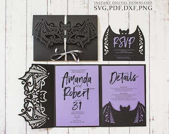 Gothic wedding bat invitation svg, Halloween lace wings three-fold invitation template for Cricut, Laser(svg dxf ai cdr)