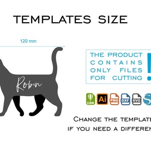 K&ouml;nnte beinhalten: Eine schwarze Silhouette einer Katze mit dem Namen "Robin" darauf. Das Bild zeigt die Abmessungen des Designs, die 120 mm mal 135 mm betragen. Der Text "THE PRODUCT CONTAINS ONLY FILES FOR CUTTING" ist ebenfalls im Bild enthalten.