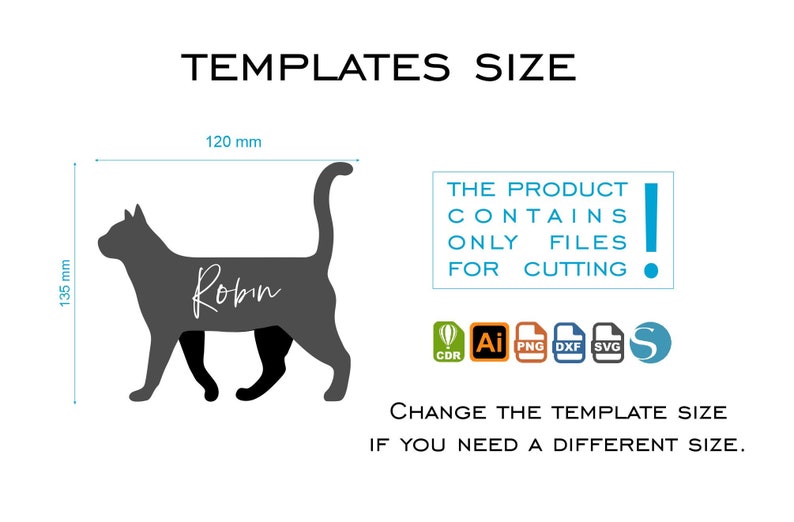 K&ouml;nnte beinhalten: Eine schwarze Silhouette einer Katze mit dem Namen "Robin" darauf. Das Bild zeigt die Abmessungen des Designs, die 120 mm mal 135 mm betragen. Der Text "THE PRODUCT CONTAINS ONLY FILES FOR CUTTING" ist ebenfalls im Bild enthalten.