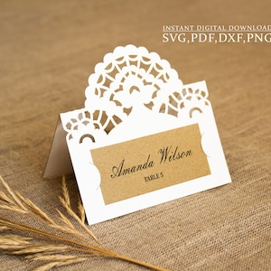 Modèle de carte de lieu en dentelle SVG, Carte de lieu en dentelle de mariage, carte de thanksgiving, décor de table, Découpe laser, Cameo Cricut svg dxf ai cdr