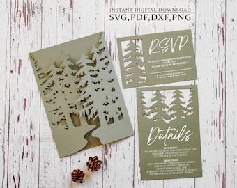 Pine forest wedding invitation set svg template, folding trees eco party invite card for Cricut, Laser svg dxf ai cdr