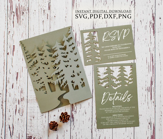 Pine forest wedding invitation set svg template, folding trees eco party invite card for Cricut, Laser svg dxf ai cdr