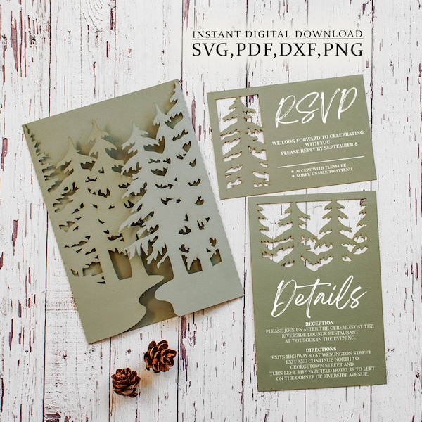 Pine forest wedding invitation set svg template, folding trees eco party invite card for Cricut, Laser svg dxf ai cdr