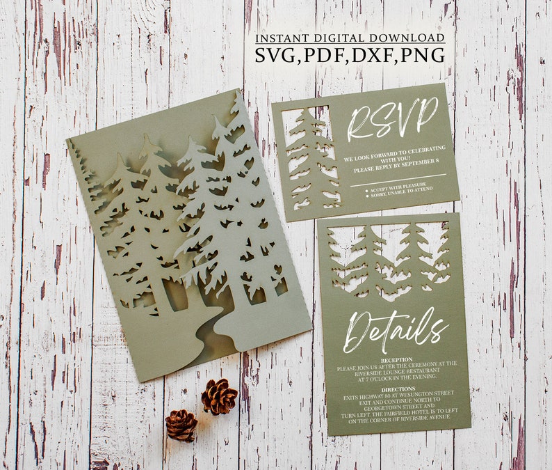 Pine forest wedding invitation set svg template, folding trees eco party invite card for Cricut, Laser svg dxf ai cdr image 1