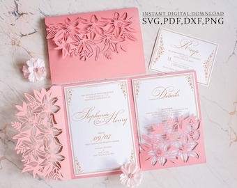 Lilies bouquet invitation svg template, flower trifold envelope, 5x7 pocket envelope for Cricut, Laser Cut, papercut, Cameo (svg dxf ai cdr)