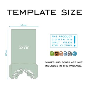 May include: A green template for a 5x7 inch invitation card with a floral design. The product contains only files for cutting. The text "THE PRODUCT CONTAINS ONLY FILES FOR CUTTING" is in a white box with a red exclamation point. The text "IMAGES AND FONTS ARE NOT INCLUDED IN THE PACKAGE." is below the box. The template is available in the following formats: CDR, AI, PNG, DXF, SVG, and Studio.