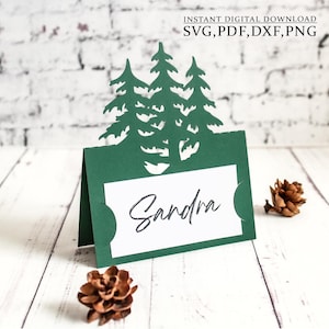 Tarjeta rústica de pino - Etiqueta para nombre de boda en el bosque - Decoración de mesa navideña - Plantilla de corte para eventos - Cricut, láser, SVG, DXF, AI, CDR