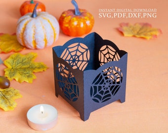 Paper lamp spider web svg, halloween candle holder template, gothic flashlight, laser cutting (svg,dxf,pdf), Silhouette Cameo Cricut