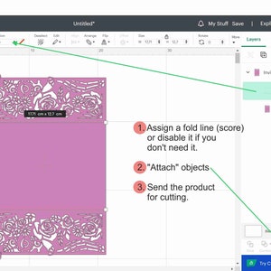May include: A screenshot of a computer screen showing a design program with a pink invitation card with a floral design. The design is 12.7 cm by 17.71 cm. The steps to create the design are listed on the right side of the screen: 1. Assign a fold line (score) or disable it if you don't need it. 2. "Attach" objects. 3. Send the product for cutting.