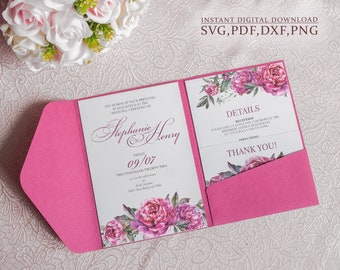 Matrimonio classico Trifold invito svg, 5x7 semplice modello di busta, taglio laser (svg, dxf, pdf), Silhouette Cameo Cricut