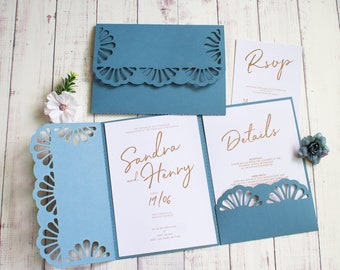 Wedding invitation template SVG, Trifold lace ornament pattern 5x7 pocket envelope for Cricut, Laser Cut, Silhouette Studio (svg dxf ai cdr)