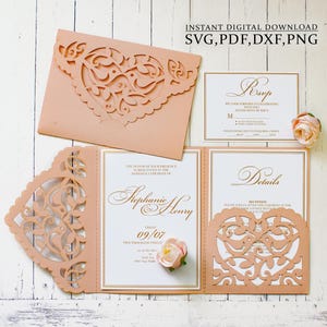 Lace heart invitation svg, wedding birds three-fold invite card template for Cricut, Laser(svg dxf ai cdr)