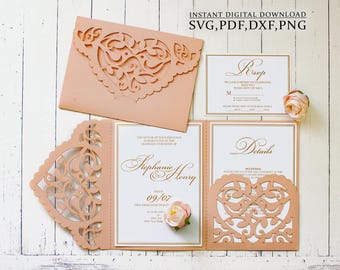 Lace heart invitation svg, wedding birds three-fold invite card template for Cricut, Laser(svg dxf ai cdr)