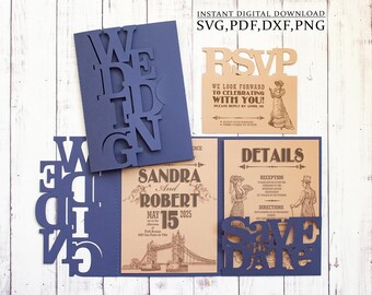 Wedding invitation template SVG, typography style invite envelope, letters pattern three-fold invitation for Cricut, Laser(svg dxf ai cdr)