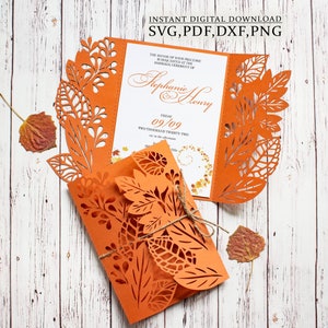 Modello di invito a nozze autunnale in formato svg, invito per il Ringraziamento con foglie secche autunnali per Cricut, taglio laser, Cameo svg dxf ai cdr