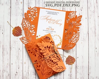 Fall wedding invitation template svg, autumn dry leaves thanksgiving invite card for Cricut, Laser Cut, Cameo svg dxf ai cdr