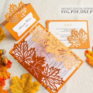 Invito foglia d'acero SVG, set di inviti di nozze autunnali, busta nuziale, RSVP, segnaposto, taglio laser in formato SVG, DXF, PDF, Silhouette Cameo Cricut