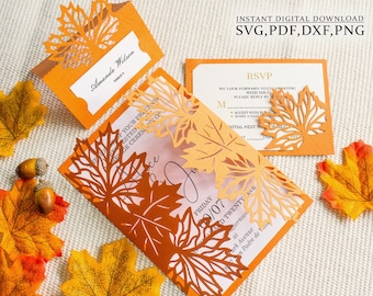 Maple leaf invitation SVG, autumn wedding invitation set, wedding envelope, RSVP, place card, laser cut svg,dxf,pdf, Silhouette Cameo Cricut