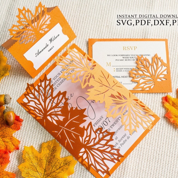 Maple leaf invitation SVG, autumn wedding invitation set, wedding envelope, RSVP, place card, laser cut svg,dxf,pdf, Silhouette Cameo Cricut