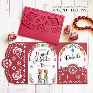 Modèle d'invitation de roses mexicaines, carte d'invitation svg papel picado fleurs, invitation trois volets fiesta pour Cricut, laser (svg dxf ai cdr)