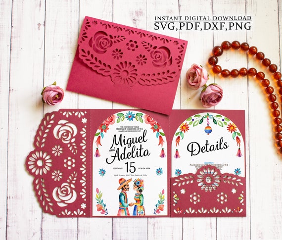 Mexican roses invitation template, flowers papel picado svg invite card, fiesta three-fold invitation for Cricut, Laser(svg dxf ai cdr)