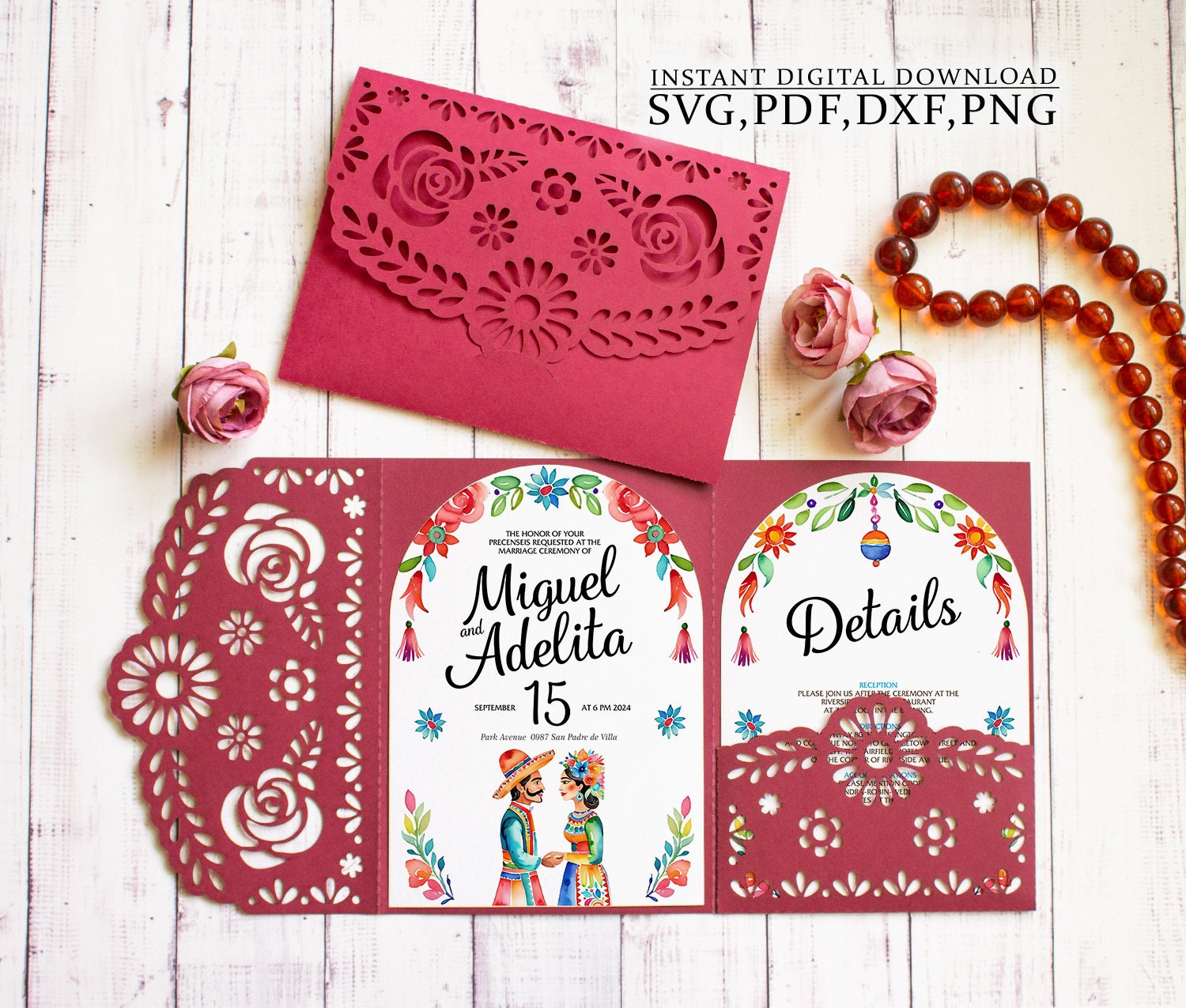 Mexican roses invitation template, flowers papel picado svg invite card, fiesta three-fold invitation for Cricut, Laser(svg dxf ai cdr)