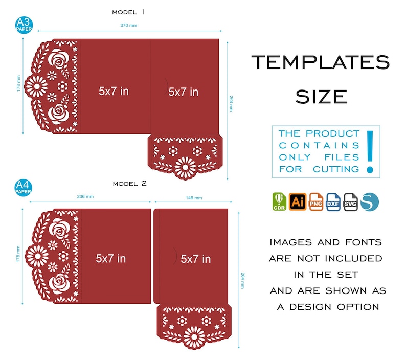 Puede incluir: Dos plantillas para una tarjeta de invitaci&oacute;n de 5x7 pulgadas con fondo rojo y dise&ntilde;o floral blanco. Las plantillas est&aacute;n etiquetadas como Modelo 1 y Modelo 2. El producto contiene solo archivos para cortar. Las im&aacute;genes y las fuentes no est&aacute;n incluidas en el conjunto.