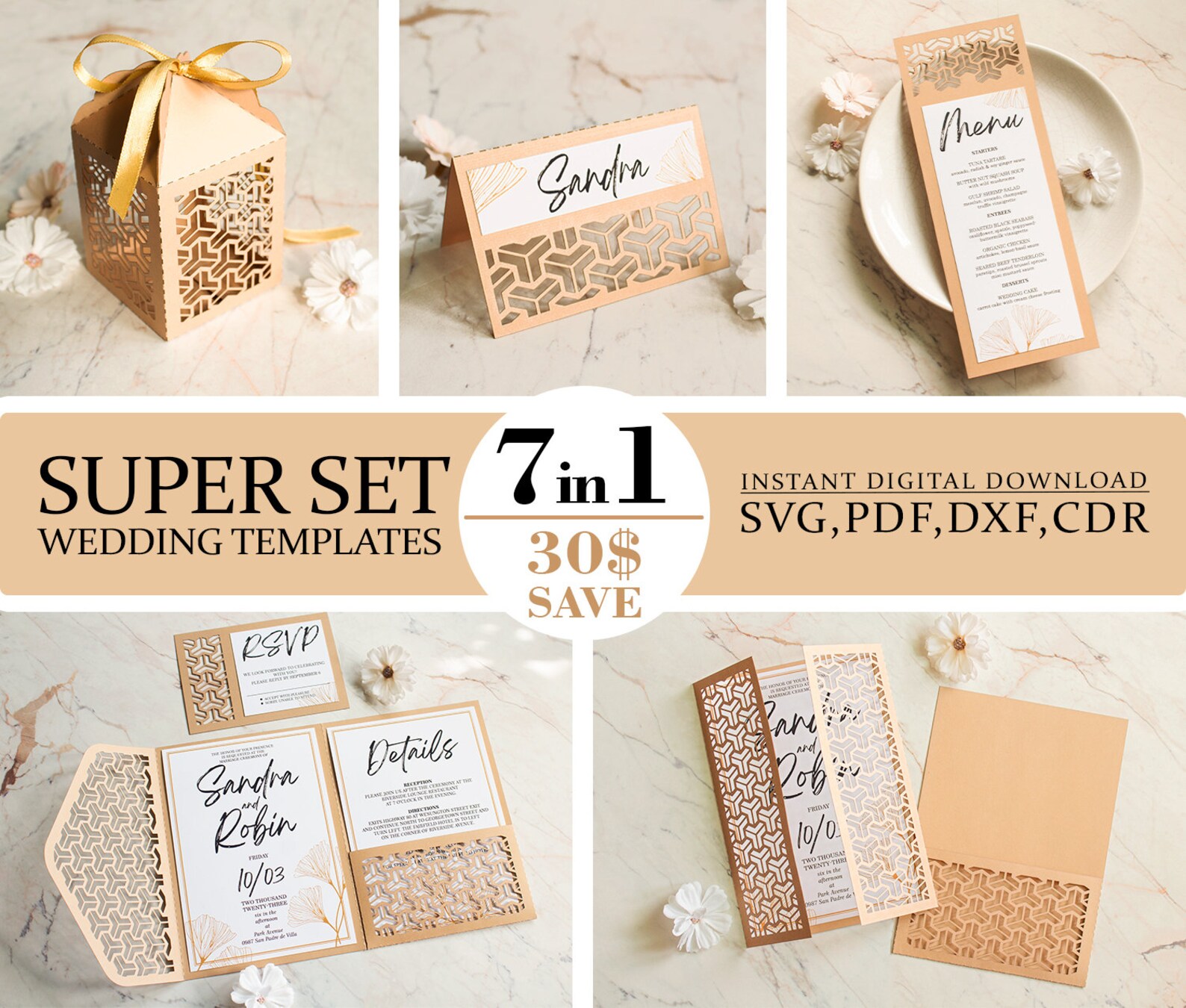 Wedding Set Templates Svg, Geometric Trifold Invitations, Box, Menu ...