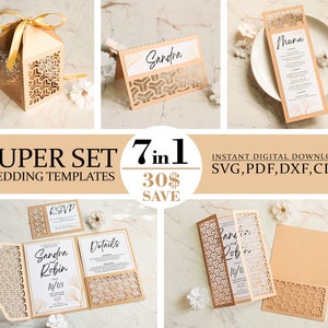 Modelli di set di nozze svg, inviti geometrici a tre ante, scatola, menu, segnaposto, busta tascabile 5x7, Cricut, lasercut (svg dxf ai cdr)