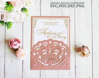Lace pocket invitation svg template, wedding invite card for Cricut, Laser(svg dxf ai cdr)