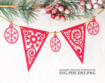 Bunting banner, Flags Snowflakes template banner, Christmas decor, bunting svg, Portrait Cameo Cricut, laser cut, svg dxf ai cdr