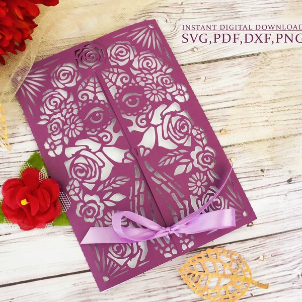 Princess mexican invitation svg, Gothic wedding envelope svg, Halloween invitation, laser cutting (svg,dxf,pdf), Silhouette Cameo Cricut