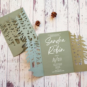 Pine forest wedding invitation set svg template, folding trees eco party invite card for Cricut, Laser svg dxf ai cdr image 3