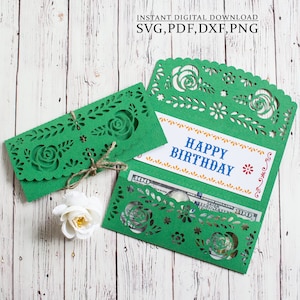 Roses money envelope template svg, wedding mexican fiesta gift thanksgiving cash envelope, picado  laser cutting (svg,dxf,pdf), Cameo Cricut