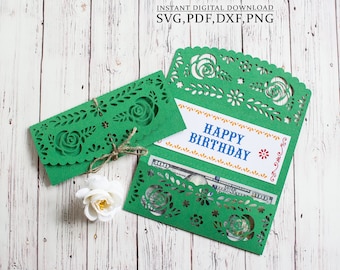 Roses money envelope template svg, wedding mexican fiesta gift thanksgiving cash envelope, picado  laser cutting (svg,dxf,pdf), Cameo Cricut