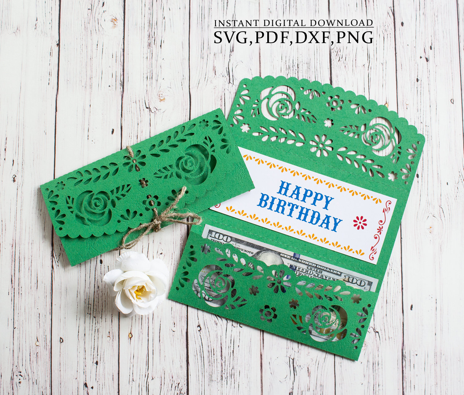 Roses money envelope template svg, wedding mexican fiesta gift thanksgiving cash envelope, picado  laser cutting (svg,dxf,pdf), Cameo Cricut