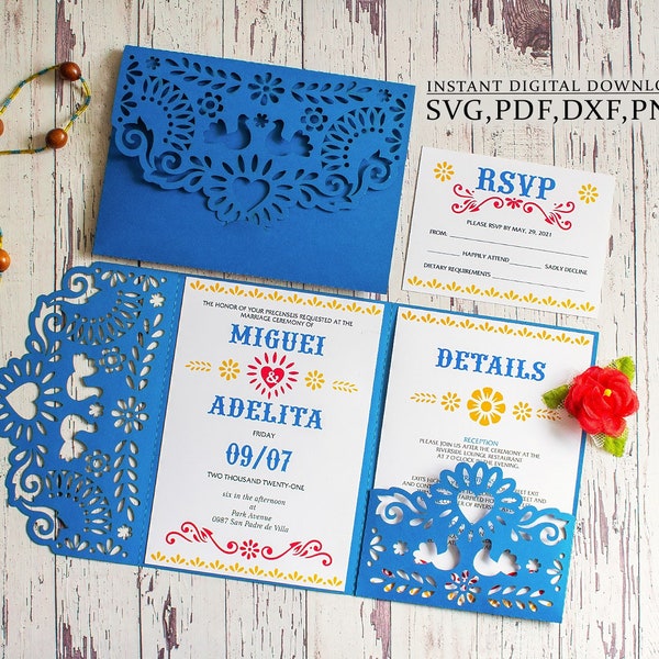 Plantilla de invitación mexicana, Sobre de bolsillo svg tríptico de boda 5x7, para Cricut, Corte láser, Cameo svg dxf ai cdr